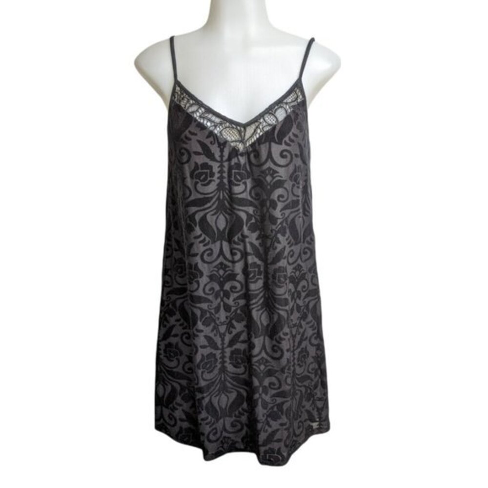 As U Wish Slip Women Large Lined / Nightie Velvet Floral Print Black on Black  L